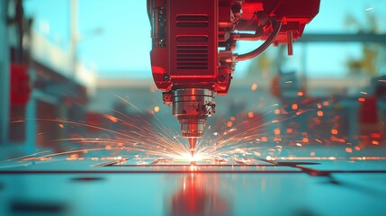 Poster - Industrial Laser Cutting, Showcasing a blue laser precisely cutting metal in an expansive industrial setting, emphasizing advanced technology and skilled craftsmanship