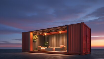 Surreal elegance on stage within a container, illuminated by twilight lighting, showcasing soft shadows and professional color grading in a clean, sharp perspective.