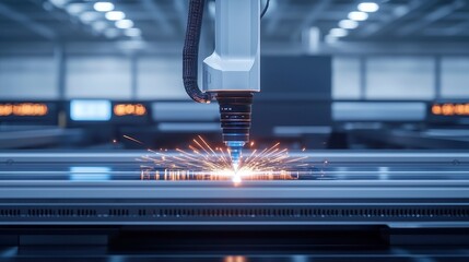 Poster - Industrial Precision Blue Laser Cutting, Metal sparks flying, showcasing innovation and modern technology in a spacious, high-tech workspace filled with advanced machinery