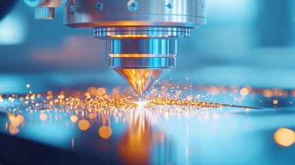 Poster - Industrial Precision with Blue Laser, Metal cutting sparks illuminate a vast workspace, showcasing cutting-edge technology and innovation in a dynamic environment.