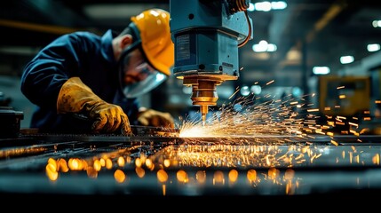 Poster - Blue Laser Cutting in Industrial Space, Precision laser technology slicing through metal, sparks flying, showcasing innovation and advanced manufacturing in a spacious environment