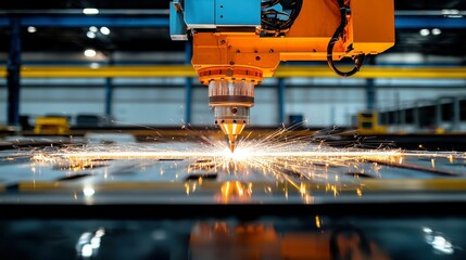 Poster - Blue Laser Cutting Innovation, Blue laser precisely slicing through metal, sparks flying in an expansive industrial setting, showcasing advanced technology and modern manufacturing processes