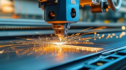 Poster - Blue laser cutting through metal, sparks flying in an expansive industrial environment, showcasing advanced technology and innovation in precision manufacturing