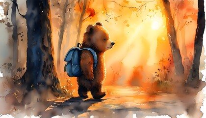 Wall Mural - Charming watercolor portrait of a bear studying with a school bag under warm sunset light, exuding a scholarly and playful atmosphere