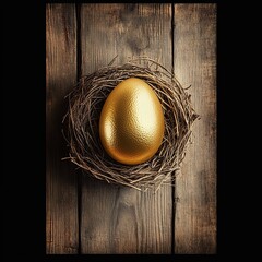 Golden Egg Nest on Rustic Wooden Background