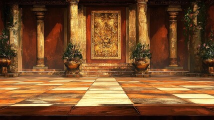 Canvas Print - A grand interior scene featuring ornate pillars, a decorative wall, and potted plants.