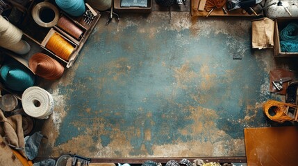 Wall Mural - Aerial view of a workshop with various materials and tools scattered around a worn floor.