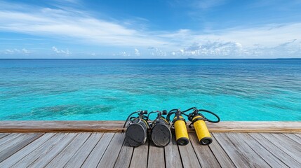 Sticker - Diving equipment rests on a wooden dock overlooking a clear blue ocean.