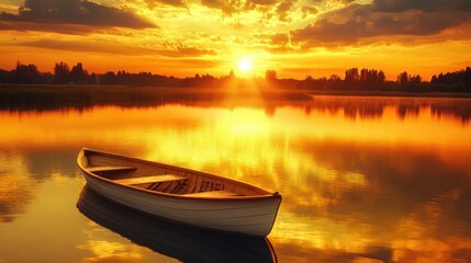 Poster - A serene sunset over a calm lake with a small boat drifting peacefully.