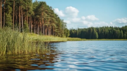 Wall Mural - A serene lakeside view with lush greenery and calm waters under a clear blue sky.