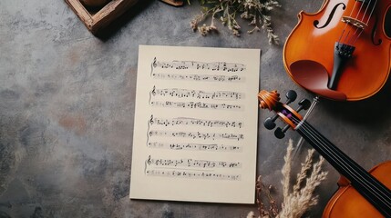 Canvas Print - A violin and sheet music arranged on a textured surface, emphasizing musical creativity.