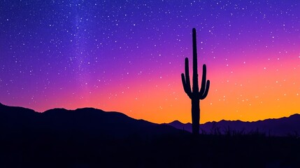 Desert landscape with saguaro cactus against vibrant sunset, starry sky. Tranquil nature and serenity concept