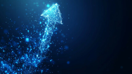 Fototapete - Glowing blue arrow composed of particles points upward in a dark digital space