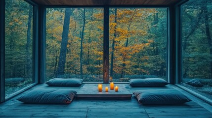 Sticker - Cozy interior with cushions and candles, surrounded by autumn foliage outside.