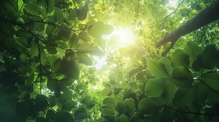 Wall Mural - Shot taken from beneath a dense canopy of green leaves with the sunlight filtering through.