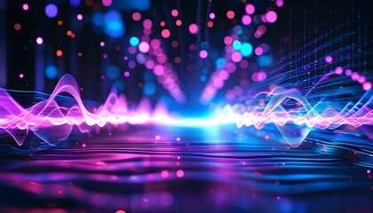 Futuristic abstract background featuring glowing purple and blue neon wave lines and bokeh lights, visualizing sound waves and high-speed data transfer