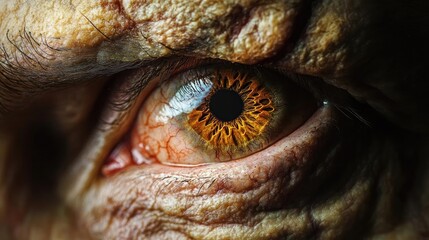 Close-up of an intriguing eye with unique textures and colors, showcasing the beauty and complexity of human vision.