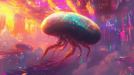 Wall Mural - A vibrant, surreal jellyfish-like creature in a digital, abstract landscape.