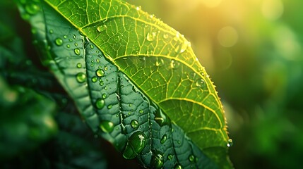 Wall Mural - close-up shot of a green leaf covered in dew drops, sunlight illuminating the scene.
