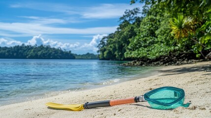 Poster - A snorkeling gear rests on a sandy beach by the clear water, surrounded by lush greenery.