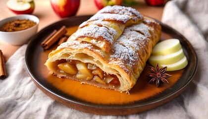 Delicious Apple Strudel with Powdered Sugar and Cinnamon Sticks