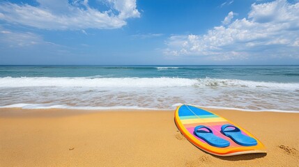 Poster - A colorful surfboard and flip-flops on a sandy beach with ocean waves under a blue sky.