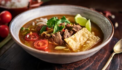 Wall Mural - Delicious Beef Noodle Soup with Crispy Wonton and Cilantro