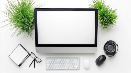 Canvas Print - A minimalist workspace featuring a computer, keyboard, mouse, and plants.