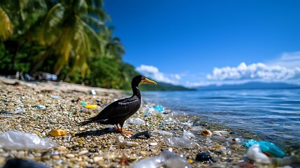 Wall Mural - A bird stands on the beach, its environment marred by plastic pollution.