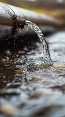 Water flowing from rusty metal pipe onto rocky surface, close-up view. Environmental impact and natural resources concept