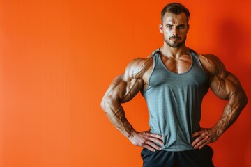 Wall Mural - Muscular man with a calm, determined expression, solid color backdrop representing the harmony of physical and mental fitness, ideal for gym promotions