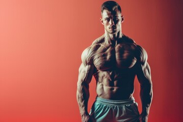 Wall Mural - Fit man with a powerful physique and mental clarity, standing against a solid color background, ideal for gym flyers that promote the harmony of physical and mental fitness