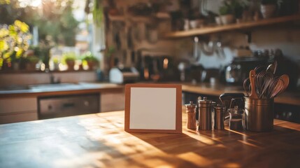 Wall Mural - A cozy kitchen scene with a blank frame on a wooden table, surrounded by utensils and plants.