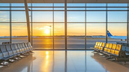 Poster - A serene airport interior with seating and a sunset view through large windows.