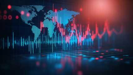 Leinwandbilder - Vibrant digital illustration of a global map with audio waveforms in a futuristic setting