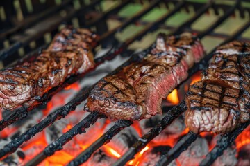 Wall Mural - Beef steak marinated and placed on a fiery grill, close-up