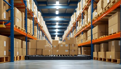 Streamlined Distribution Warehouse Showcasing Organized Conveyor Belt and Neatly Stacked Cardboard Boxes in E-commerce Logistics