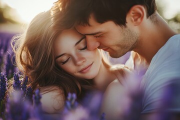 High-resolution brightly lit photorealistic candid photograph of a young couple sharing a tender moment in a lavender field, surrounded by the soft purple blooms. The photograph is styled like a