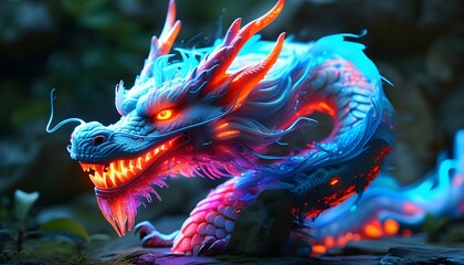 Wall Mural - Luminous Neon Dragon: A Mythical Marvel for Fantasy Merchandise and Gaming Enthusiasts