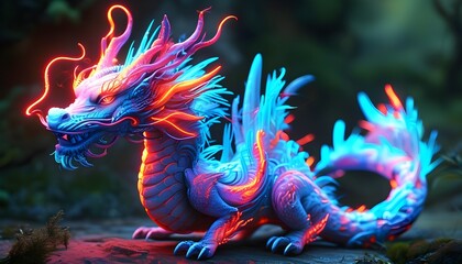 Wall Mural - Luminous Neon Dragon: A Mythical Marvel for Fantasy Merchandise and Gaming Enthusiasts