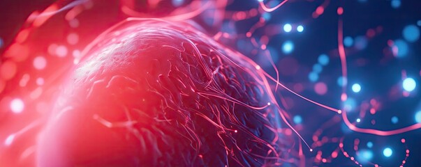 Poster - A colorful abstract representation of a cell, featuring vibrant textures and glowing elements against a dark background.