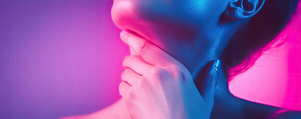 Poster - Artistic portrait featuring a person's hand on their chin in vibrant neon lighting with a soft focus backdrop.