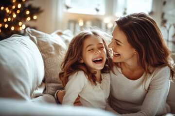 Wall Mural - High-resolution brightly lit photorealistic candid photograph of a mother and daughter laughing together on a comfy couch in a beautifully decorated living room. The photo has a light and bright