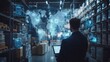 © kitipol - Businessman engaging with a virtual interface of Shipping symbols (Ship sign , map , warehouse , pin icon , digital globe) , surrounded by equipment and digital screens displaying complex data,