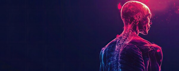 Aufkleber - A vibrant illustration of the human anatomy, highlighting the spine and muscles with neon colors against a dark background.