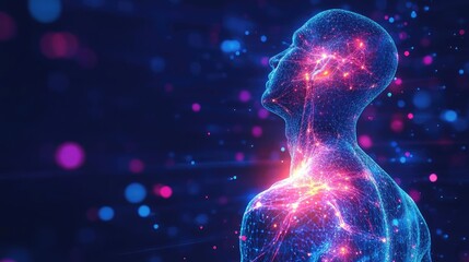 Poster - Abstract representation of a human figure illuminated with vibrant colors and cosmic effects, symbolizing energy and connection.