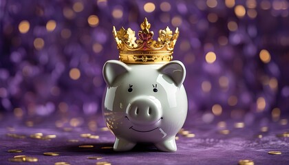 Wall Mural - Majestic Piggy Bank Crowned with Gold and Holding Scepter Against Opulent Purple Backdrop Symbolizing Wealth and Prosperity