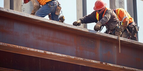 Wall Mural - Construction workers on a large steel beam.