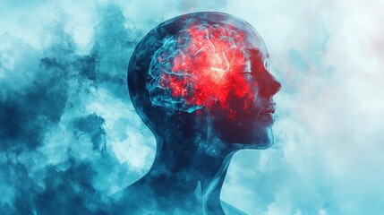 Poster - Abstract representation of a human head with a glowing brain, symbolizing creativity, intelligence, and the power of thought.