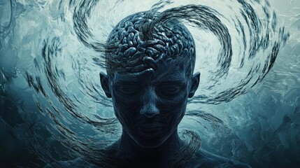 Aufkleber - A surreal depiction of a human head with swirling brain patterns, representing the flow of thoughts and creativity.